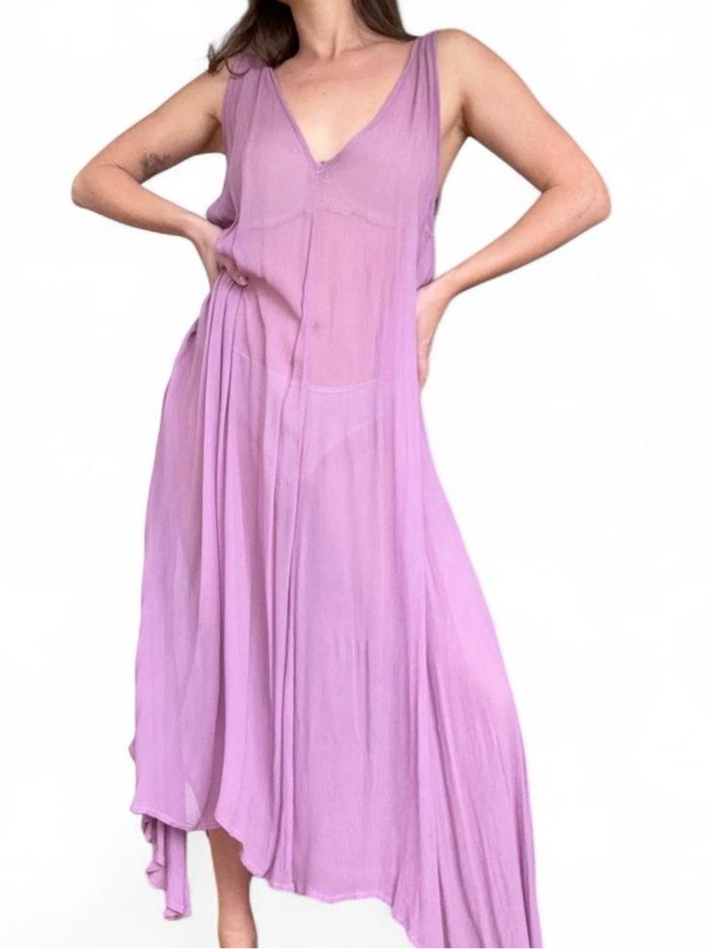 Sheer LACAUSA Lavender V-Neck Flowing Maxi Dress